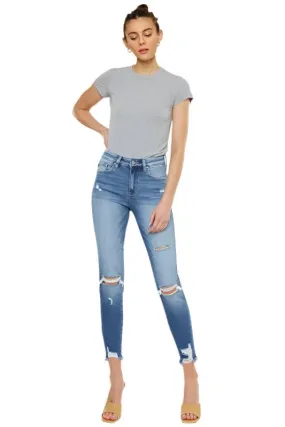 High Rise Fray Hem Ankle Skinny Jeans