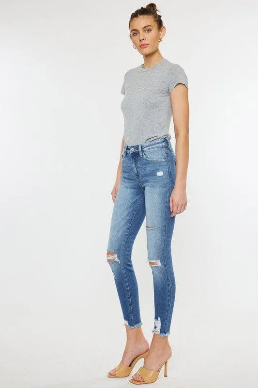 High Rise Fray Hem Ankle Skinny Jeans