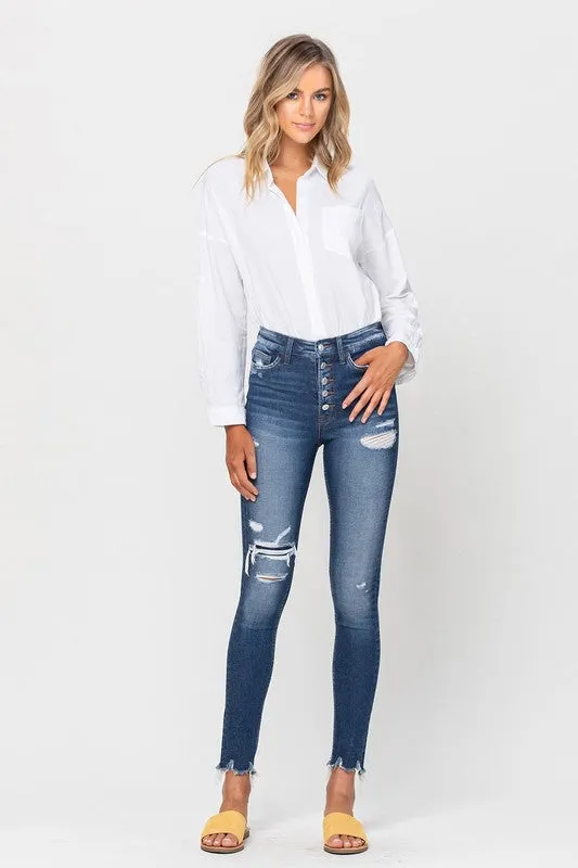 HIGH RISE PATCHED BUTTON UP RAW HEM ANKLE SKINNY