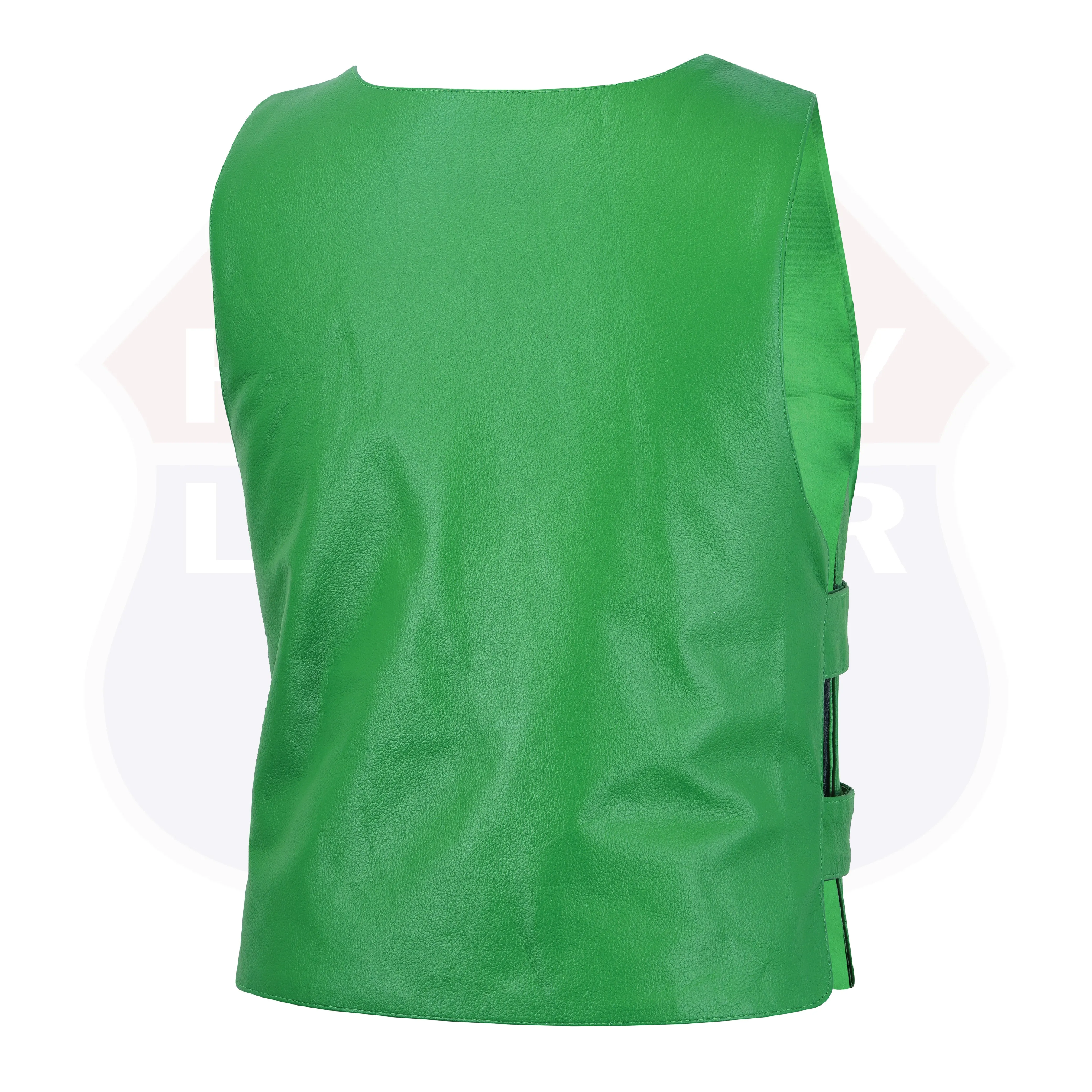 HL11643 Green Men Bulletproof Style tactical street leather vest - Zippered For Biker Club