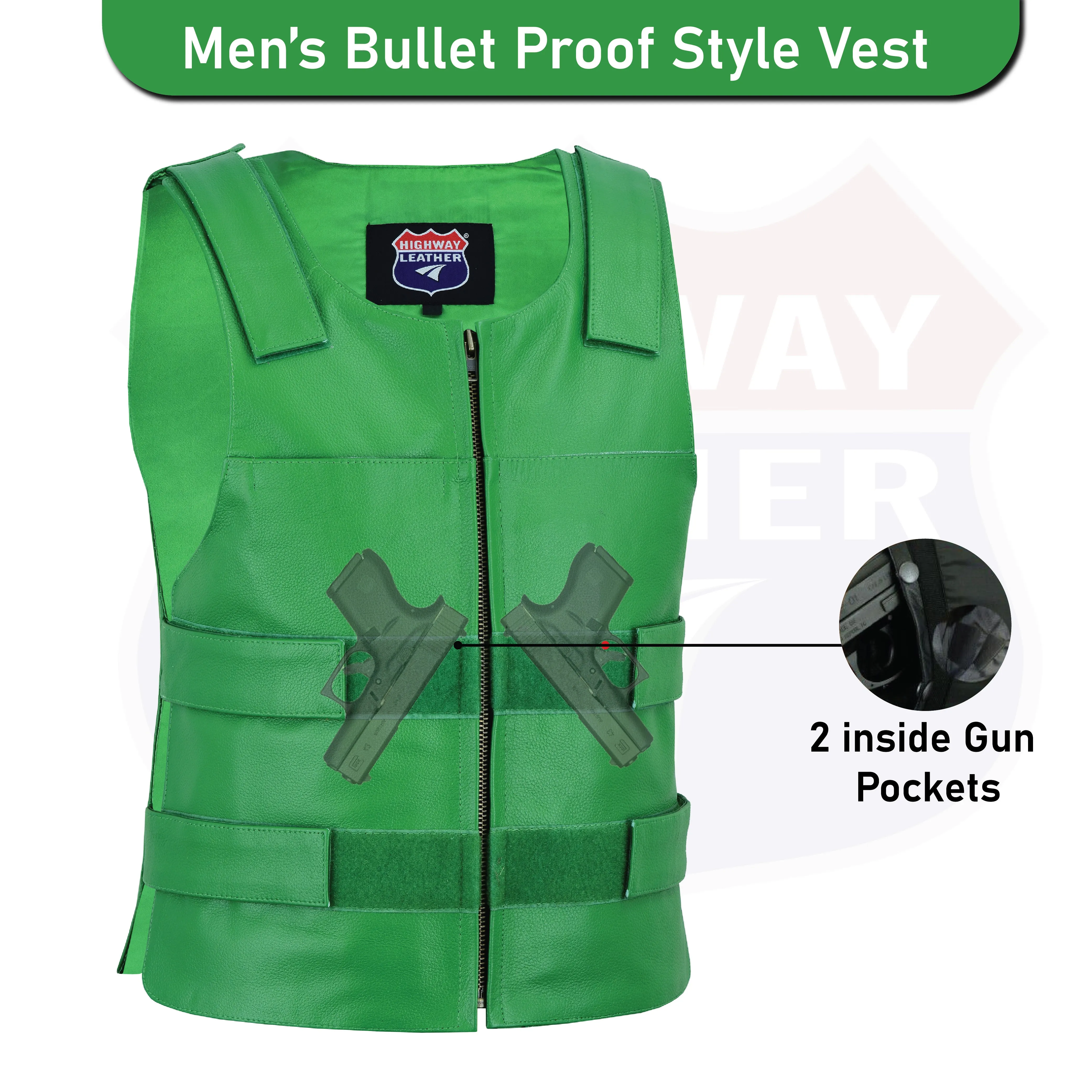 HL11643 Green Men Bulletproof Style tactical street leather vest - Zippered For Biker Club