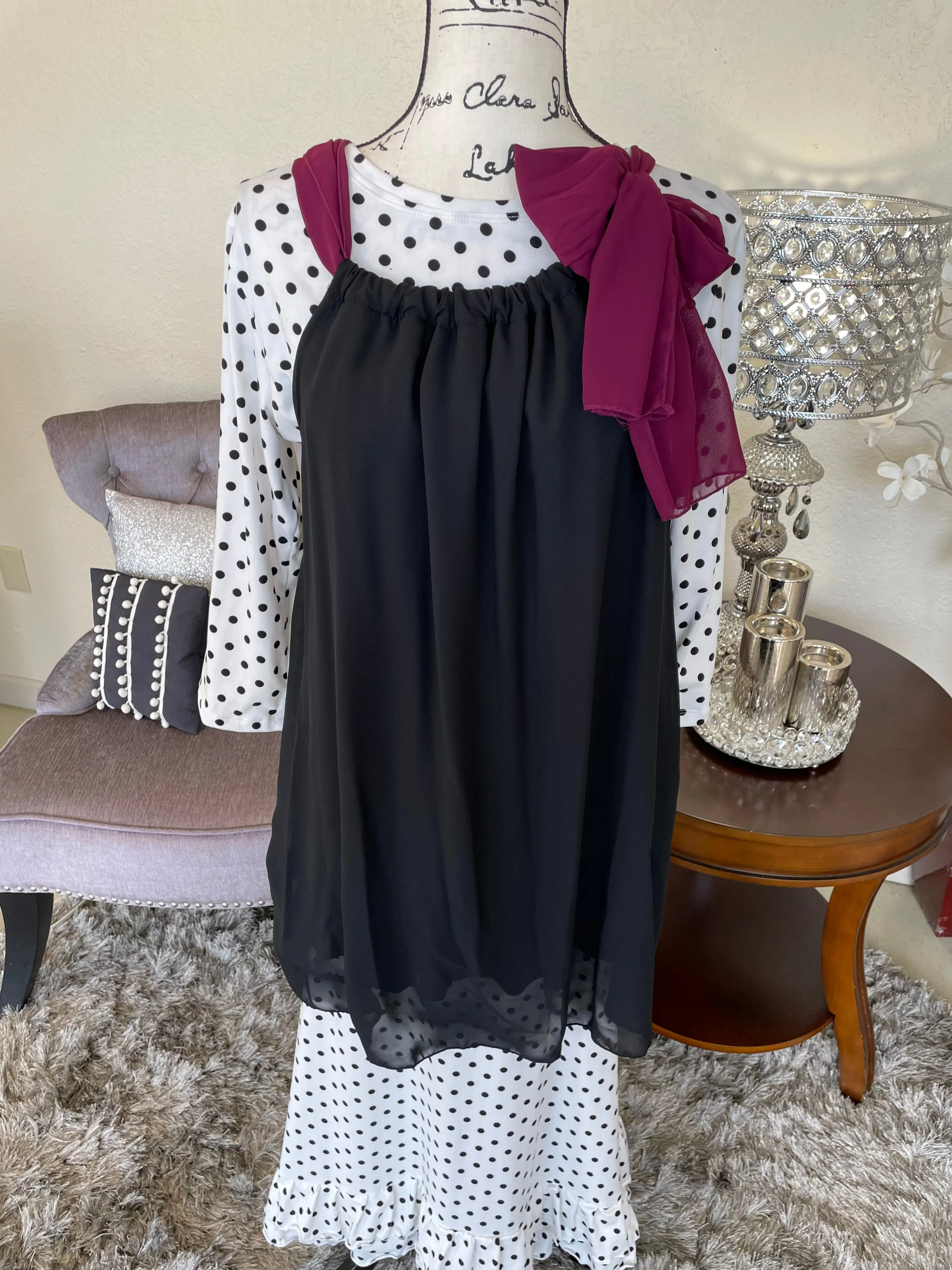 Isabella Black with Maroon Scarf-Style Tunic/Top