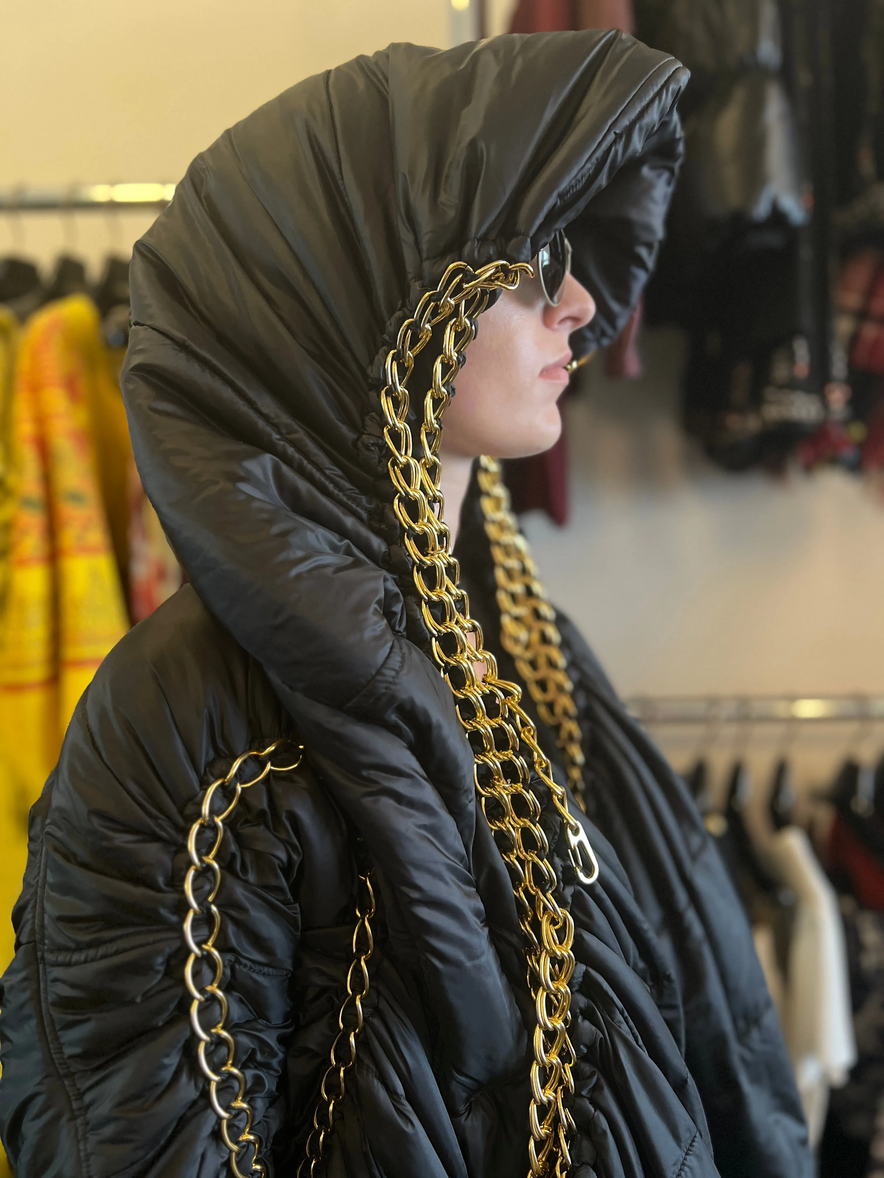 JUNYA WATANABE BLACK PUFFER COAT WITH GOLD CHAINS & HOOD 2009