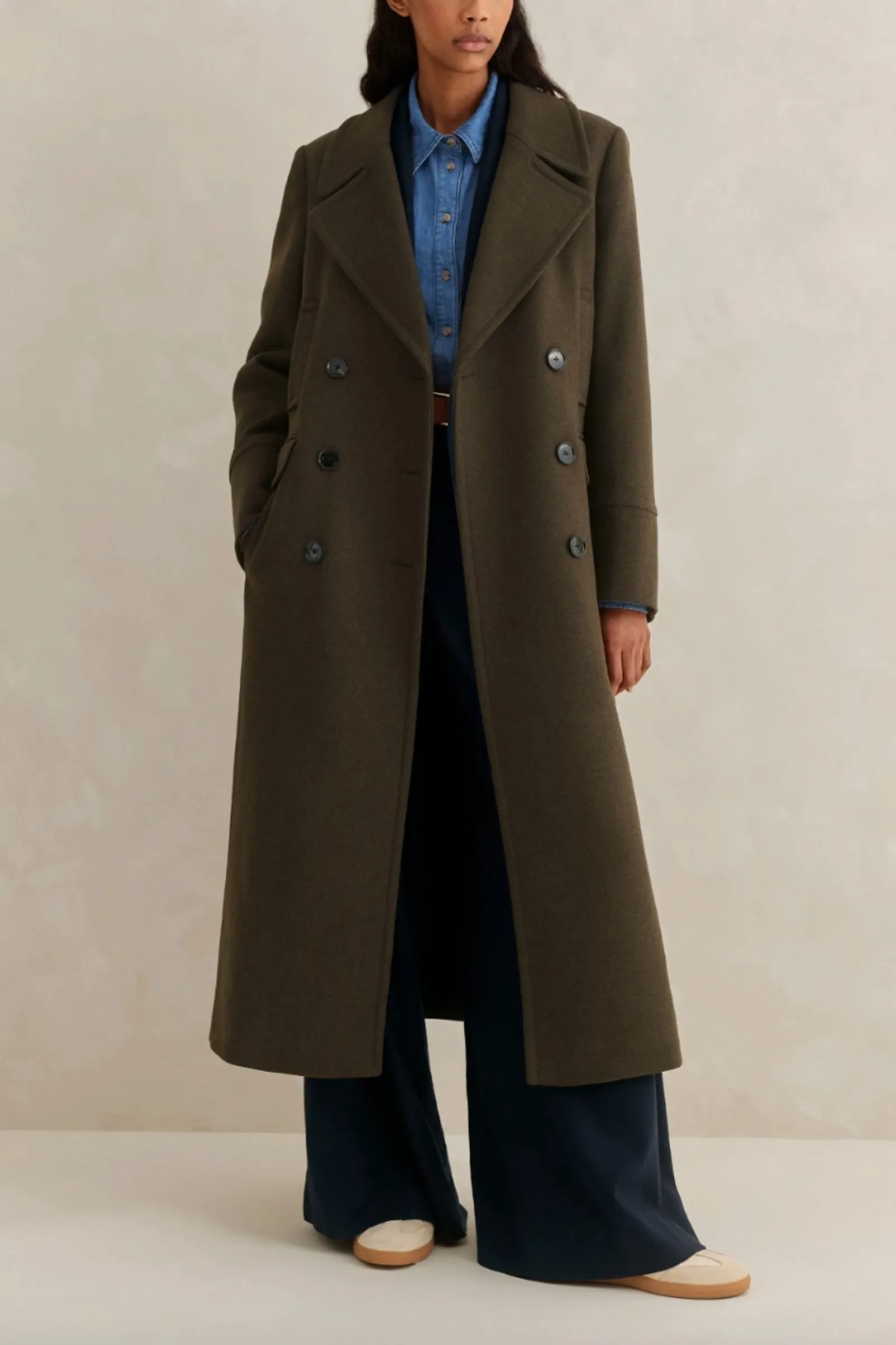 Khaki Melange Wool Longline Coat