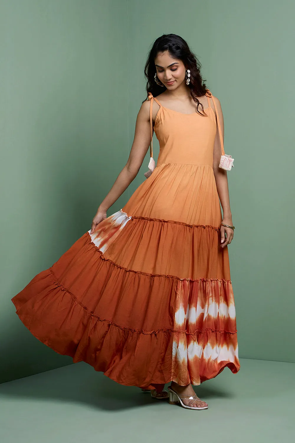 LEHER - Rust Ombre Tiered Gown With Knit Jacket