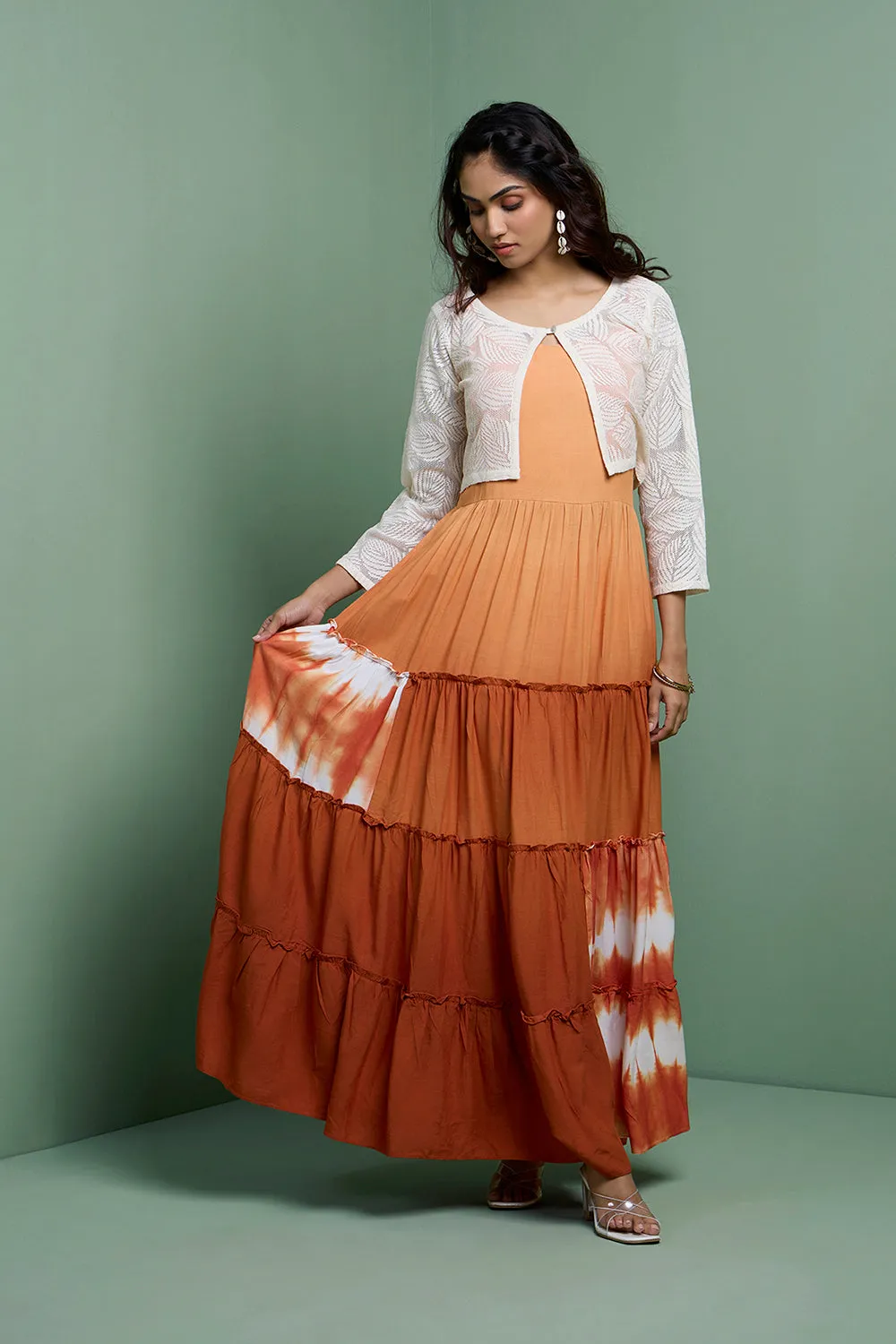 LEHER - Rust Ombre Tiered Gown With Knit Jacket