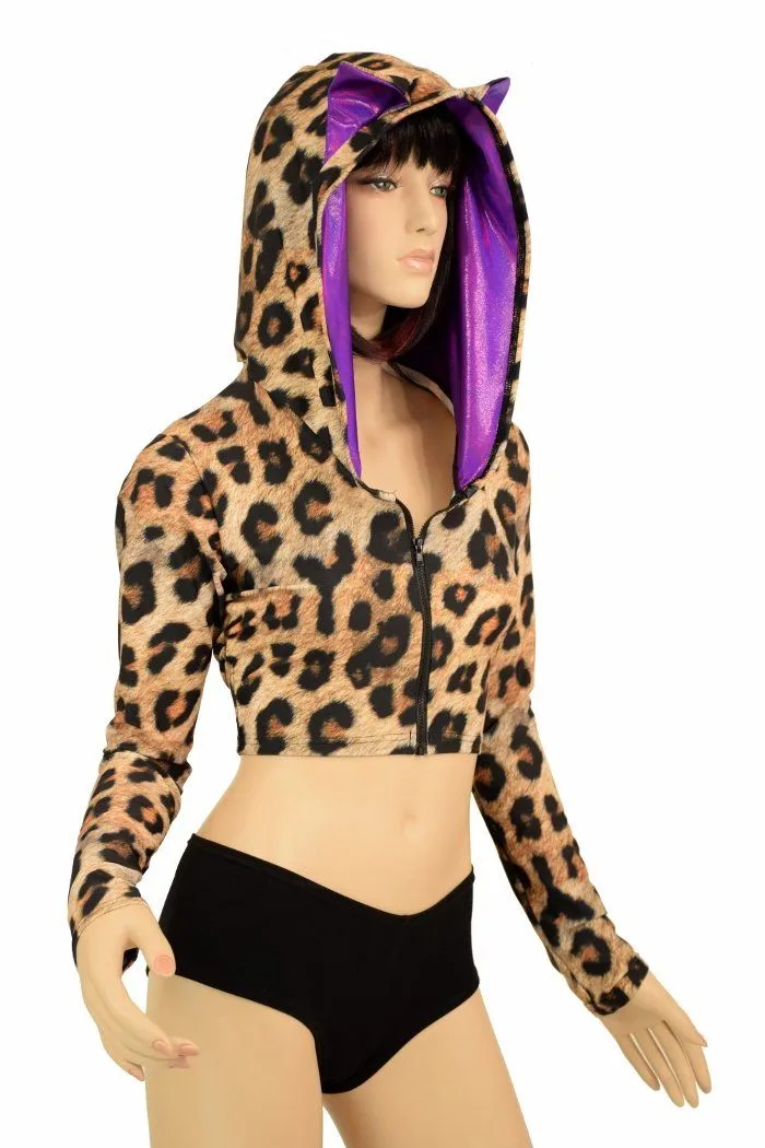 Leopard Cat Ear Zipper Front Crop Top