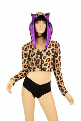 Leopard Cat Ear Zipper Front Crop Top