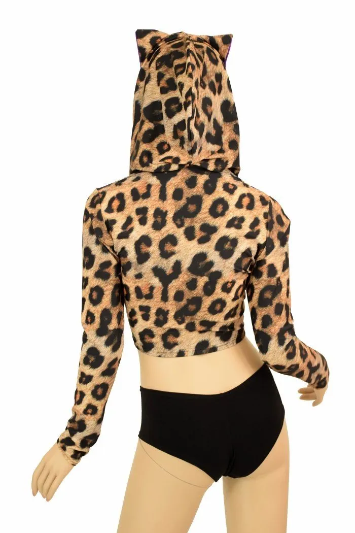 Leopard Cat Ear Zipper Front Crop Top