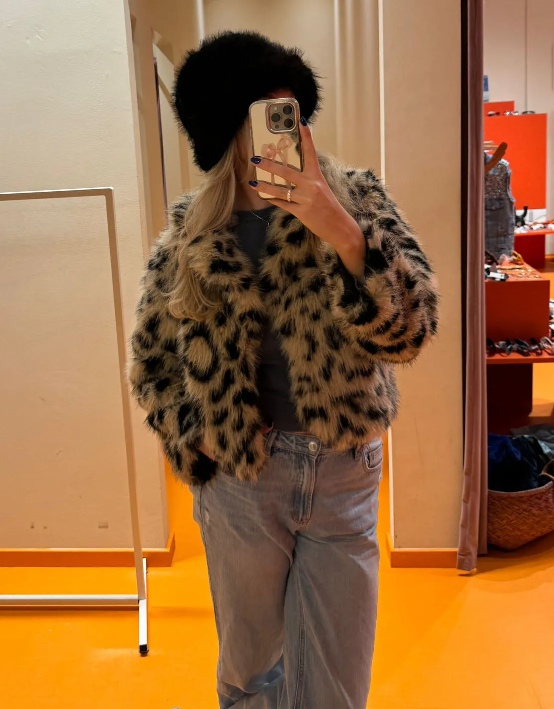 Leopard print faux fur coat