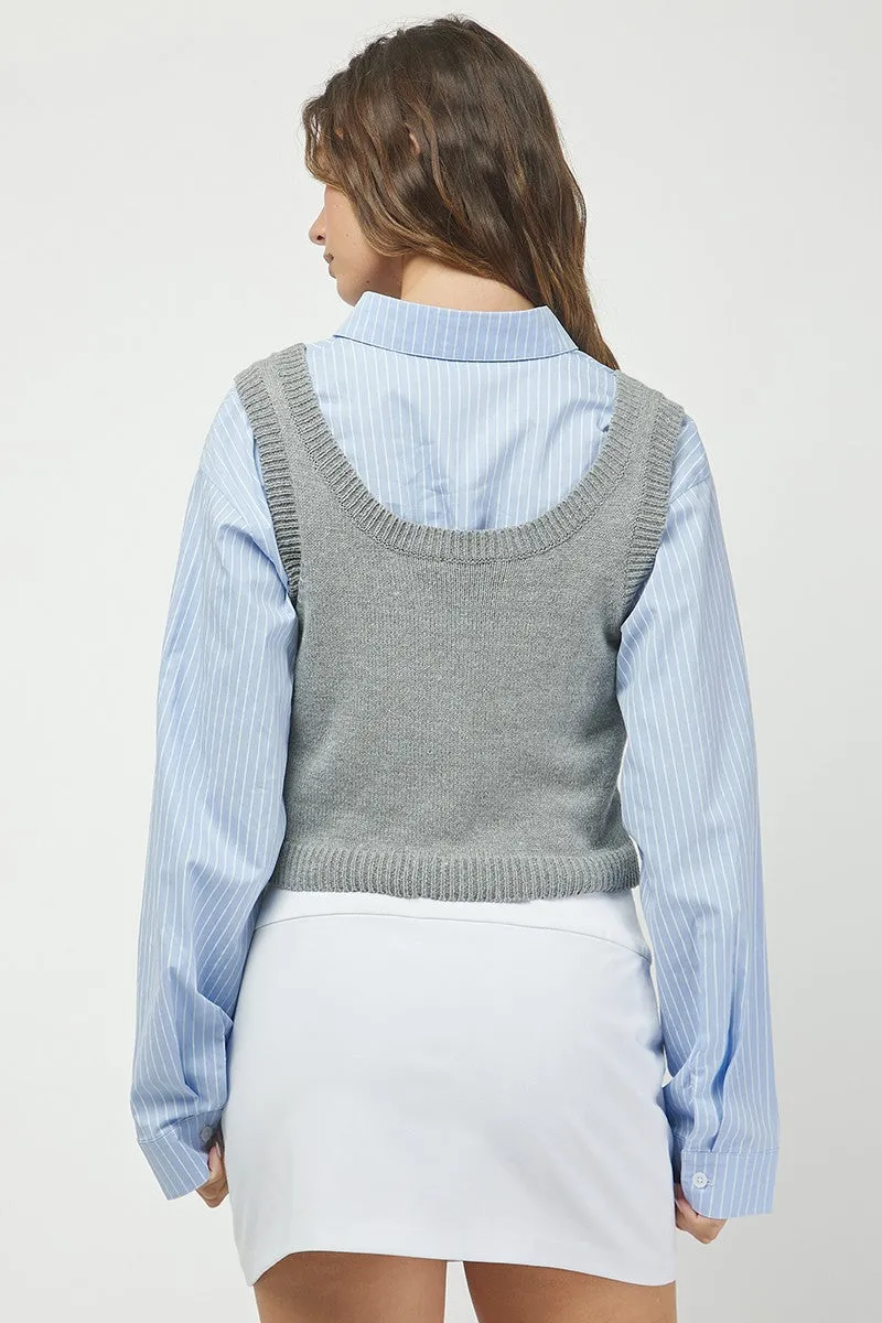 Long Sleeve Buttondown Sweater Vest, Grey