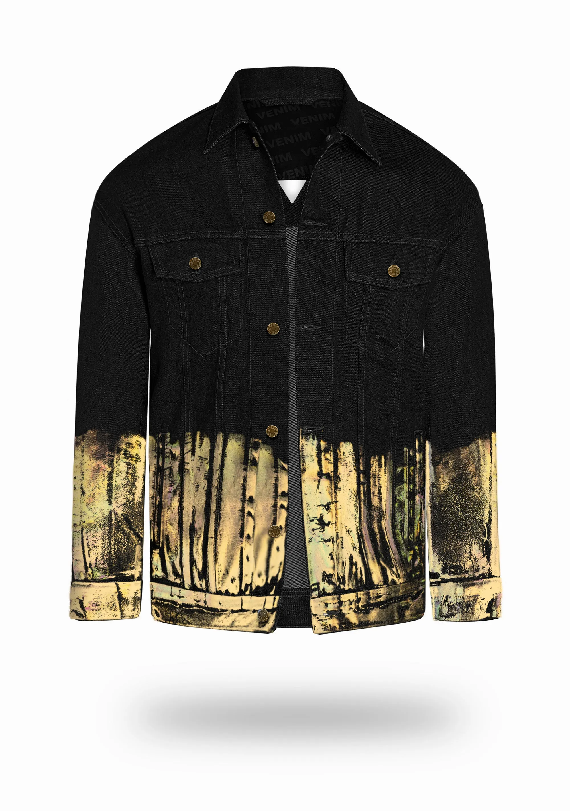 Longer Classic Black Denim Jacket with Gold Holographic Foil