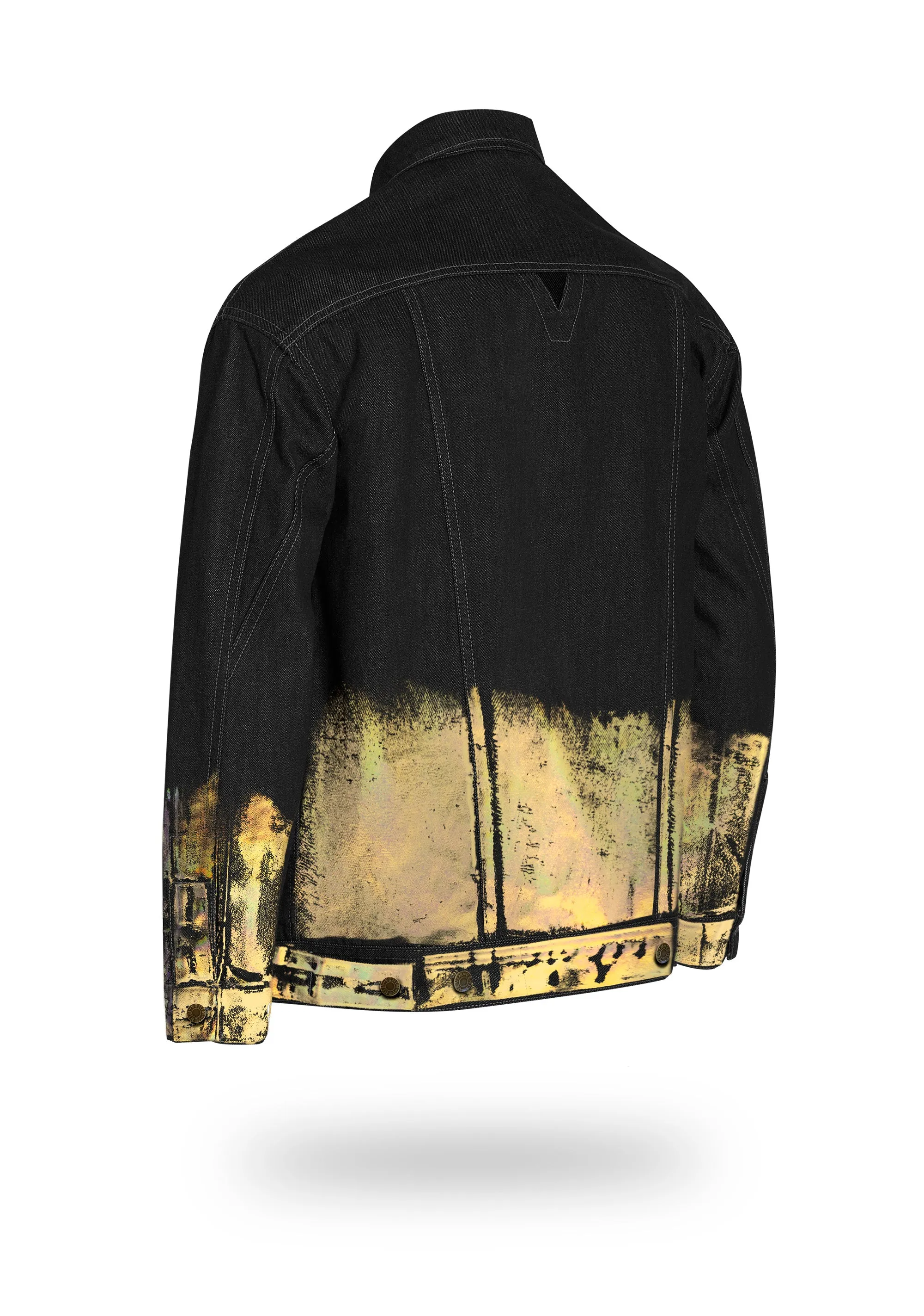 Longer Classic Black Denim Jacket with Gold Holographic Foil