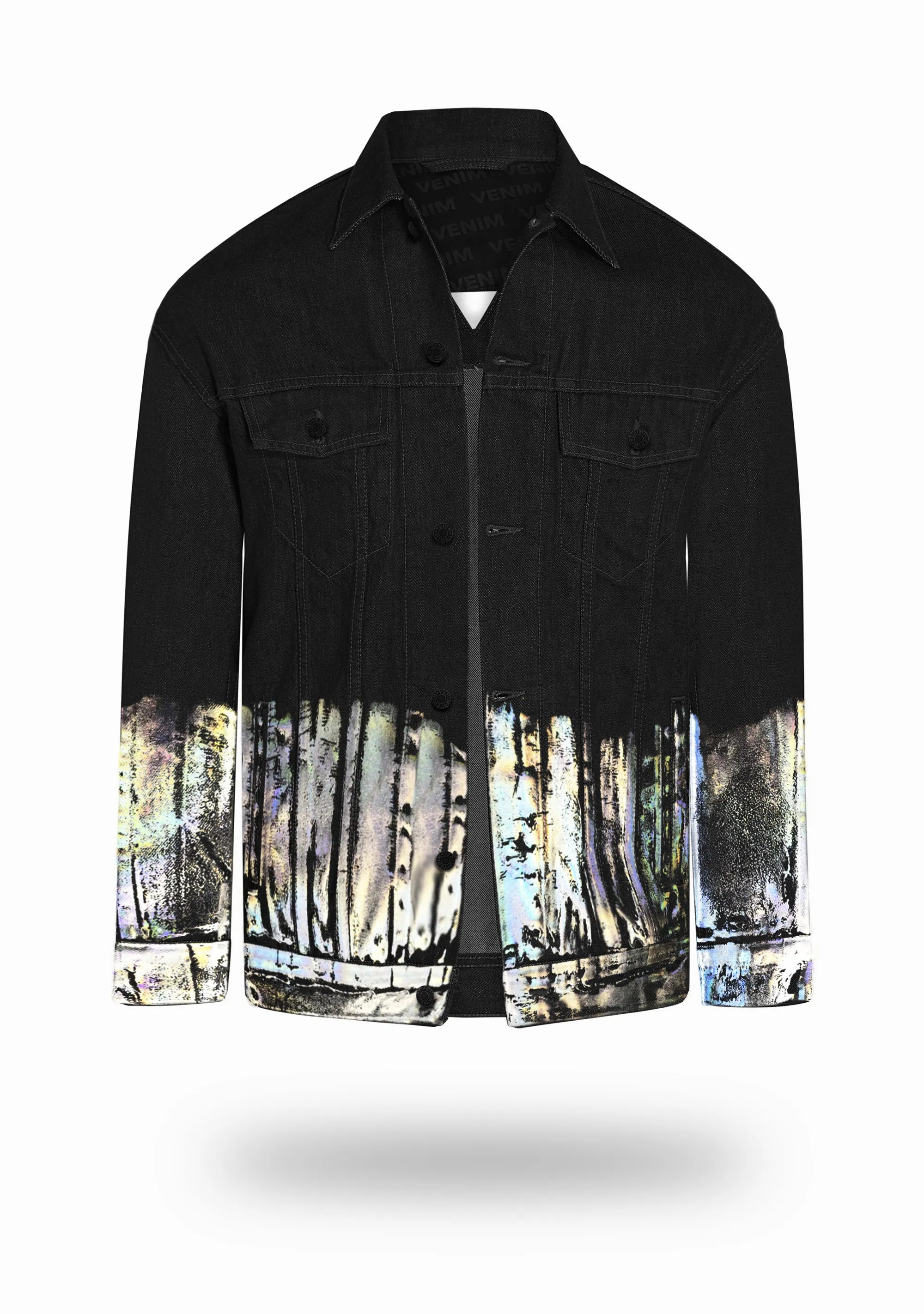 Longer Classic Black Denim Jacket with Holographic Foil