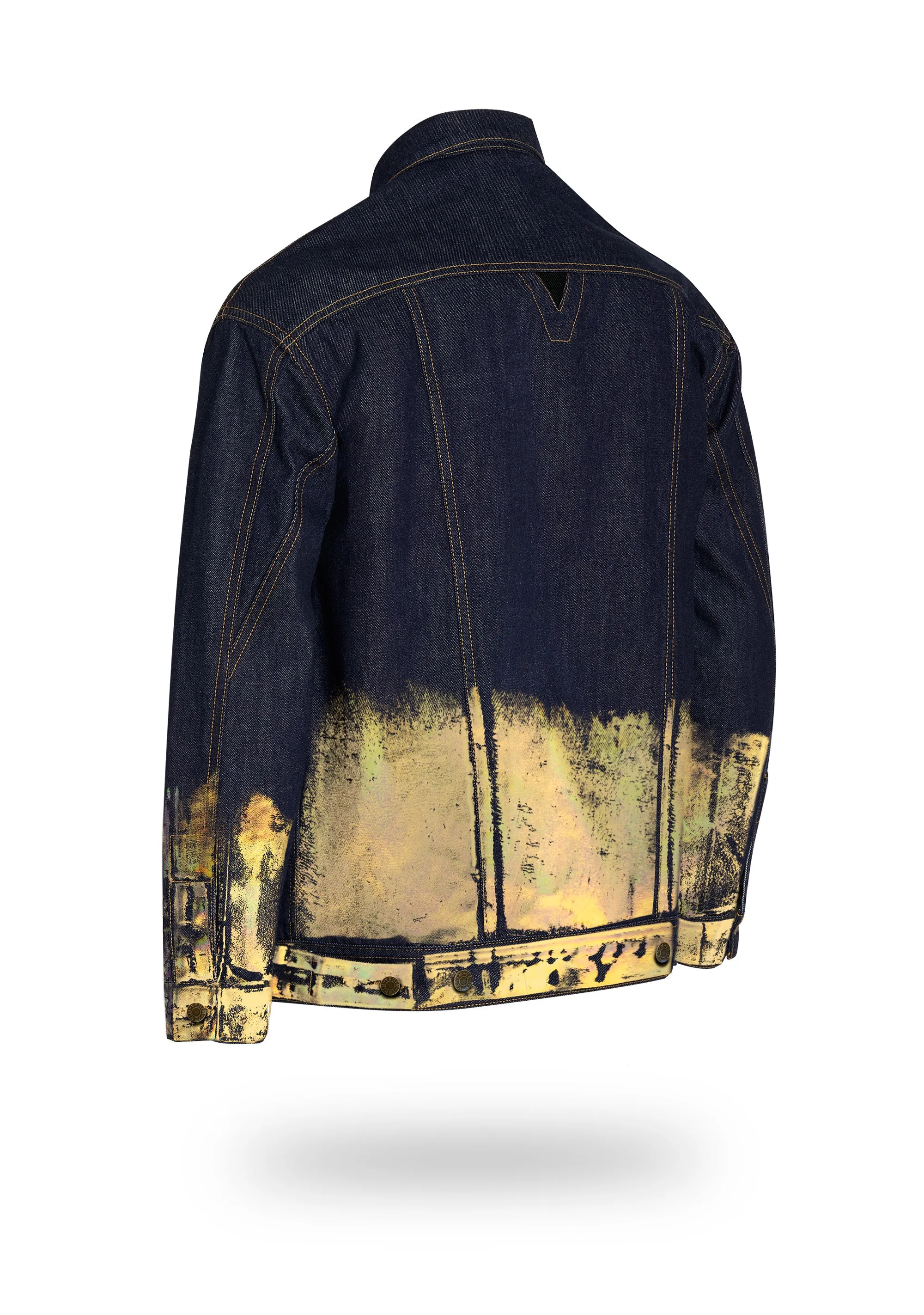 Longer Indigo Denim Jacket with Gold Holographic Foil