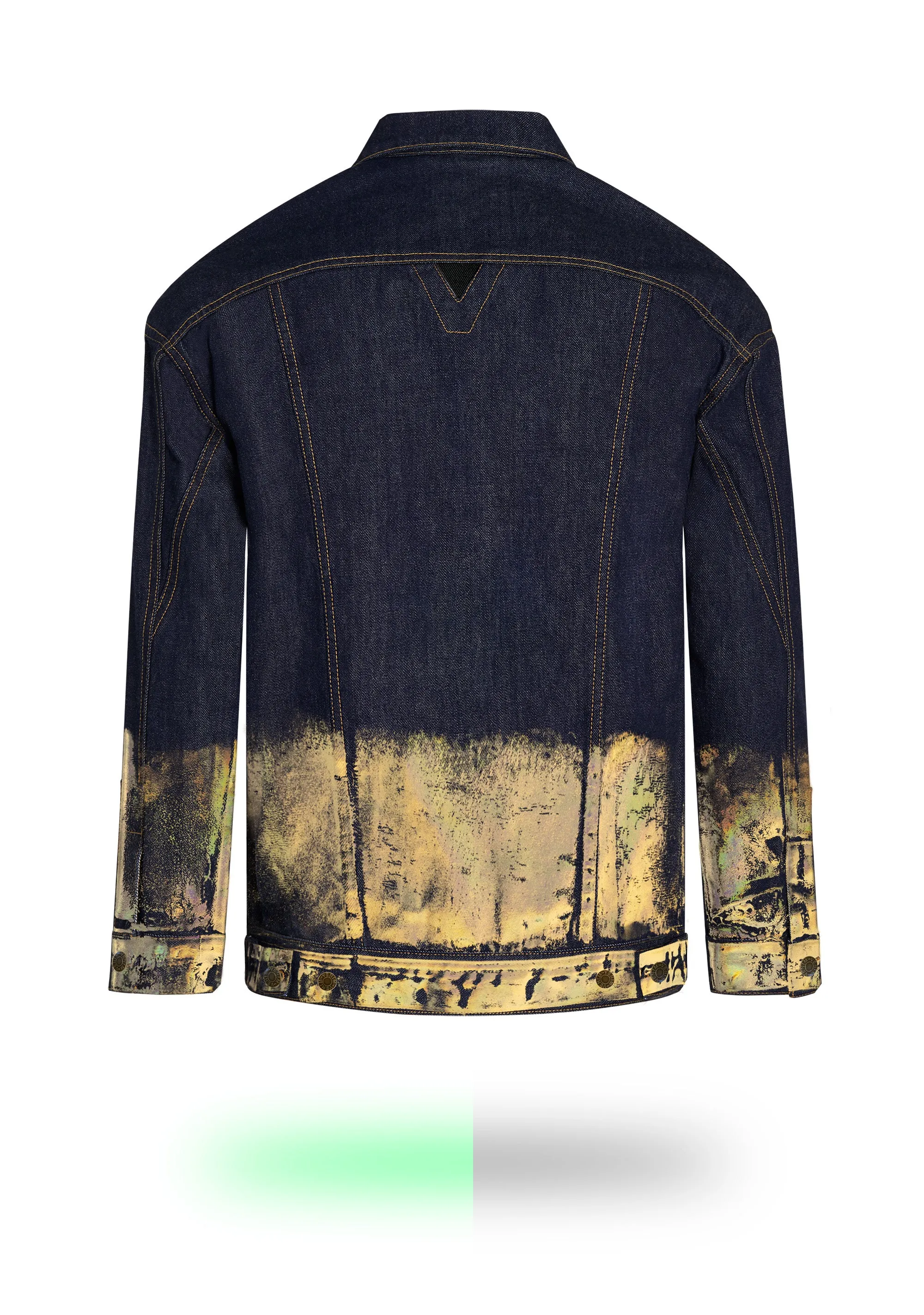 Longer Indigo Denim Jacket with Gold Holographic Foil