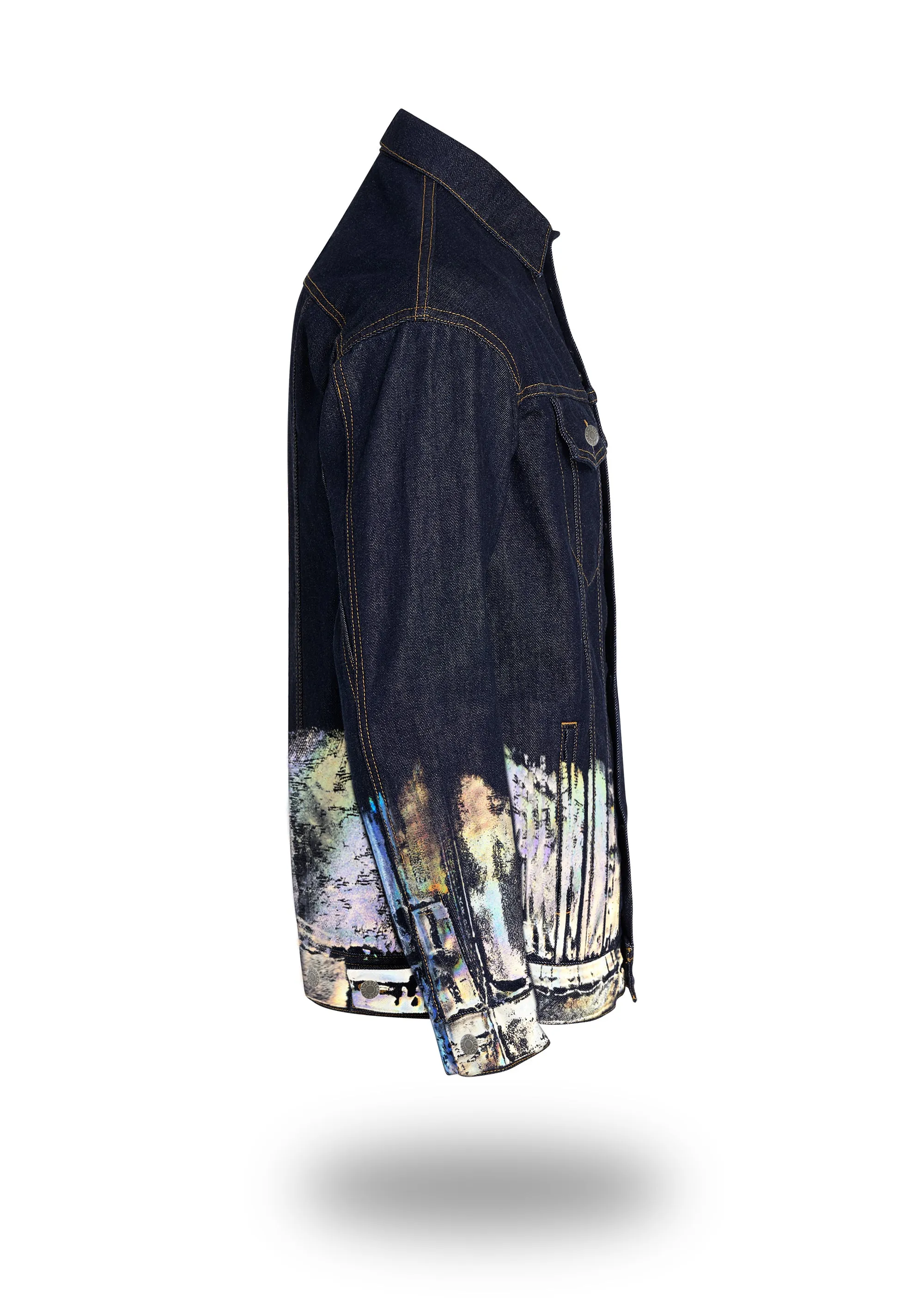 Longer Indigo Denim Jacket with Holographic Foil