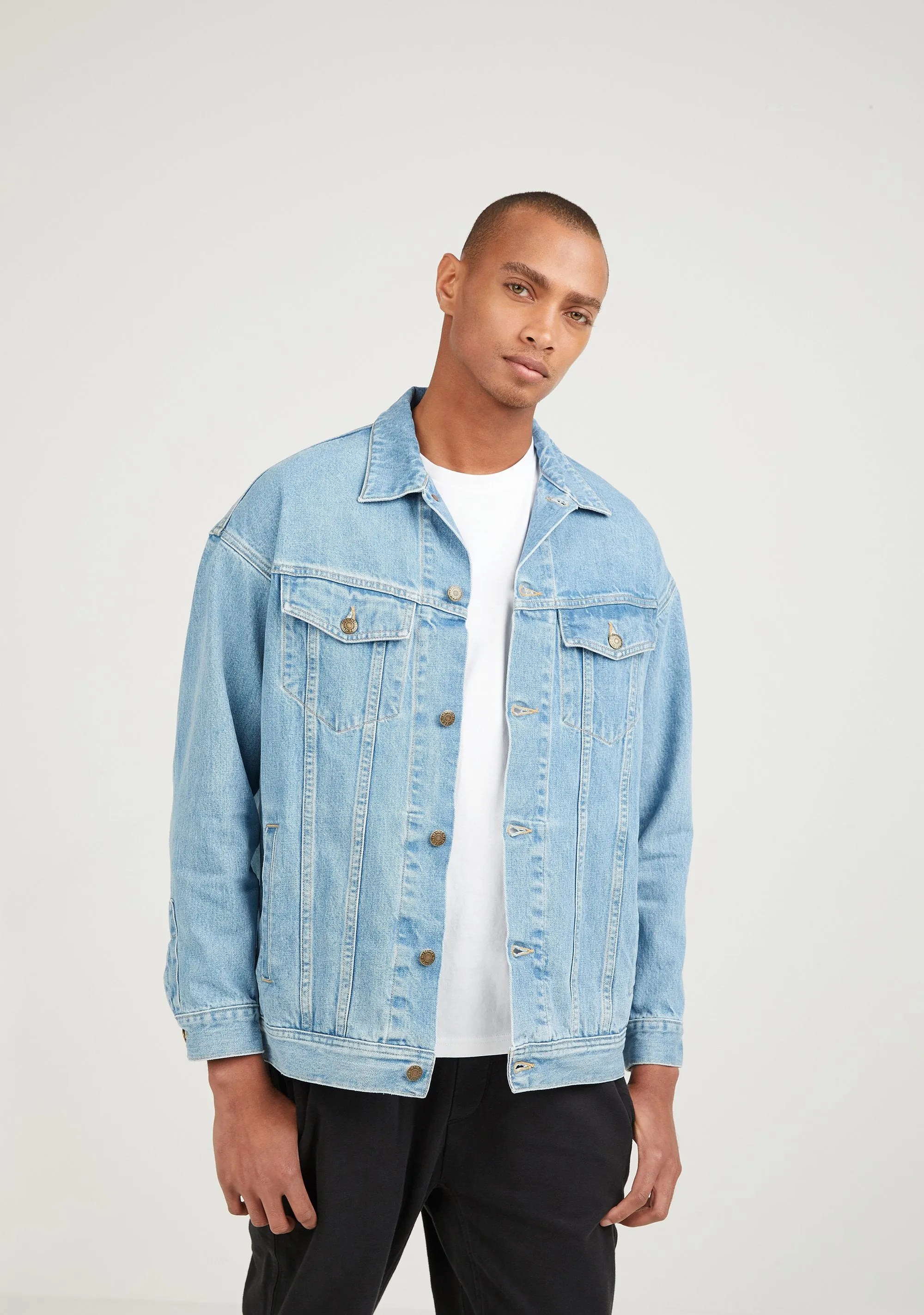 Longer Light Wash Denim Jacket with Gold Holographic Foil