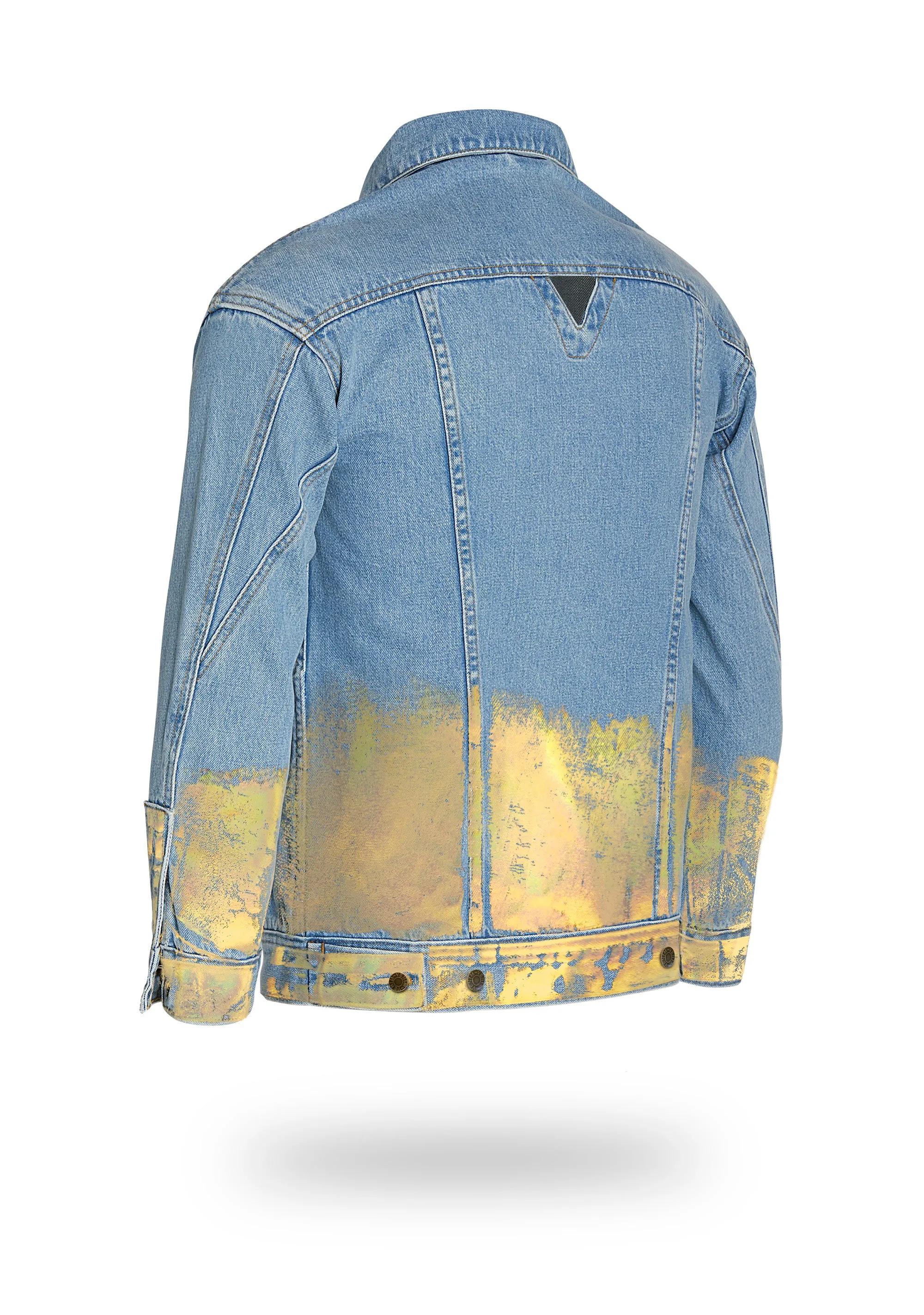 Longer Light Wash Denim Jacket with Gold Holographic Foil