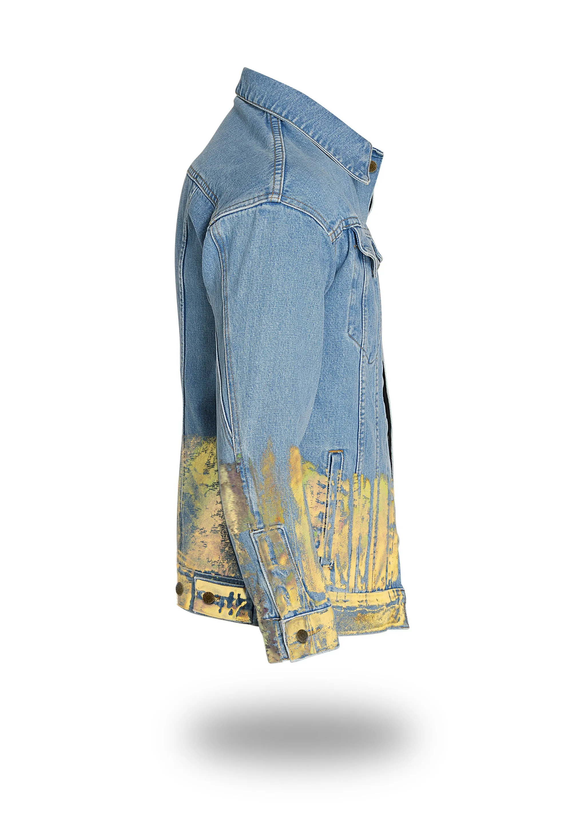 Longer Light Wash Denim Jacket with Gold Holographic Foil