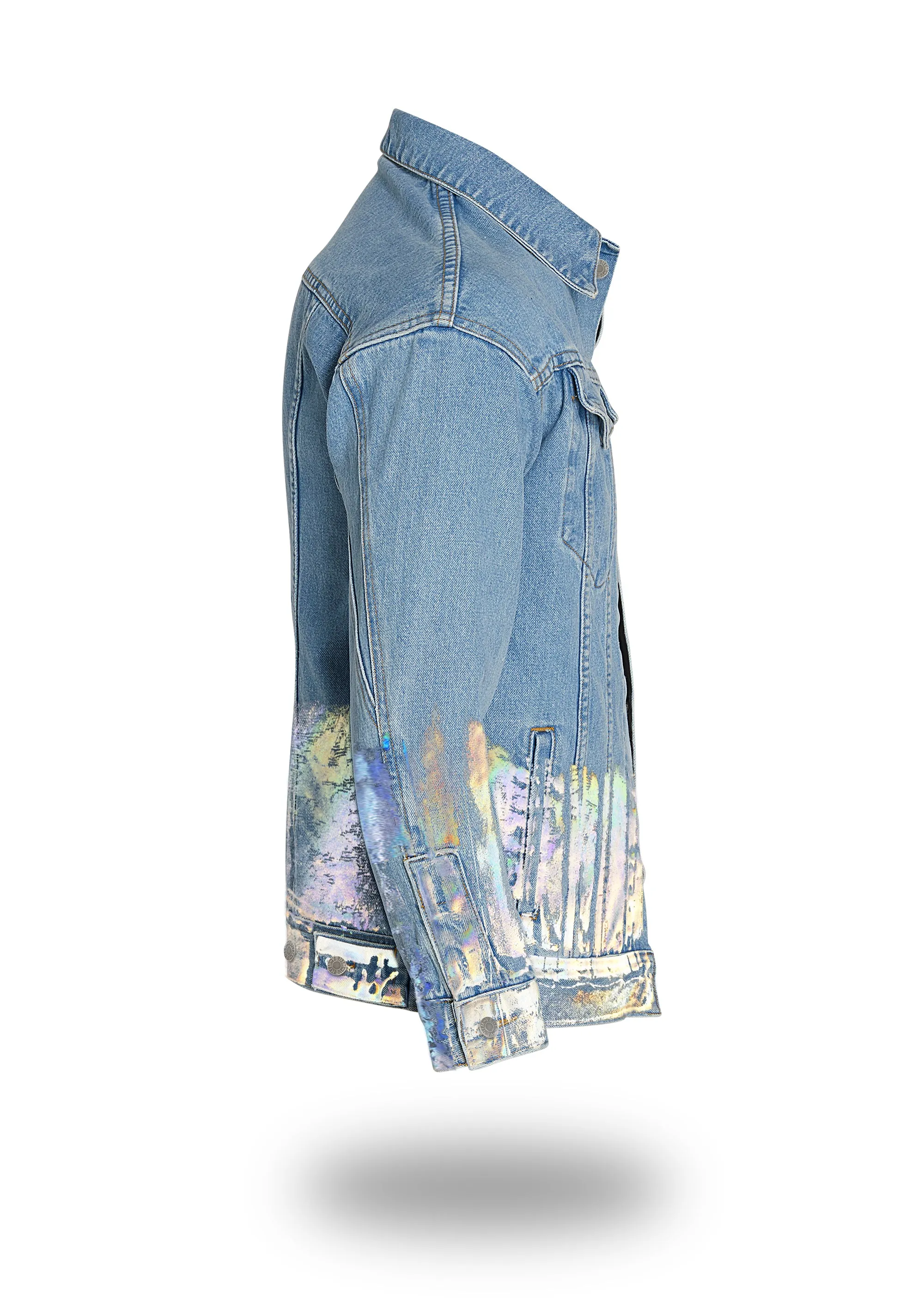 Longer Light Wash Denim Jacket with Holographic Foil