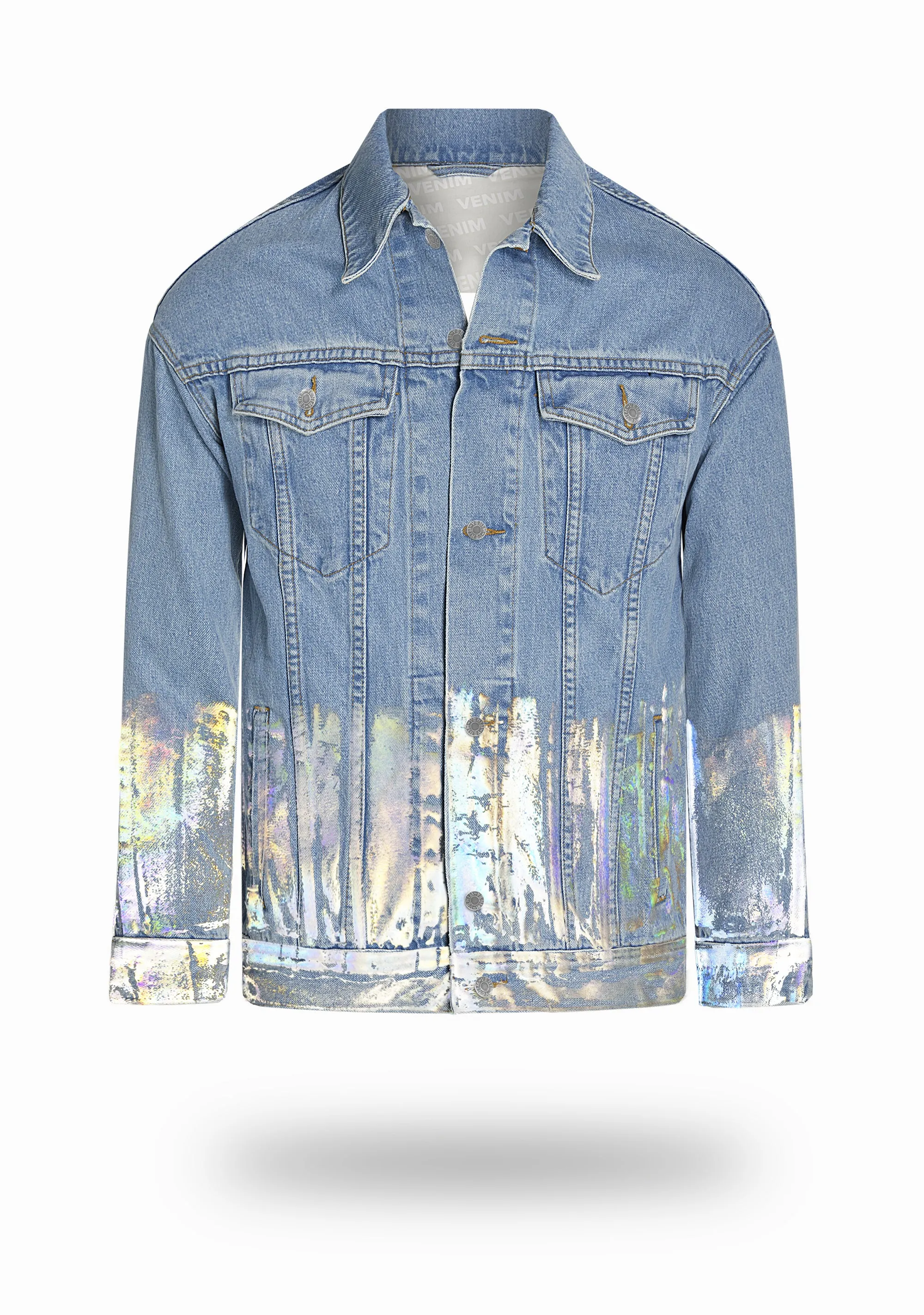 Longer Light Wash Denim Jacket with Holographic Foil