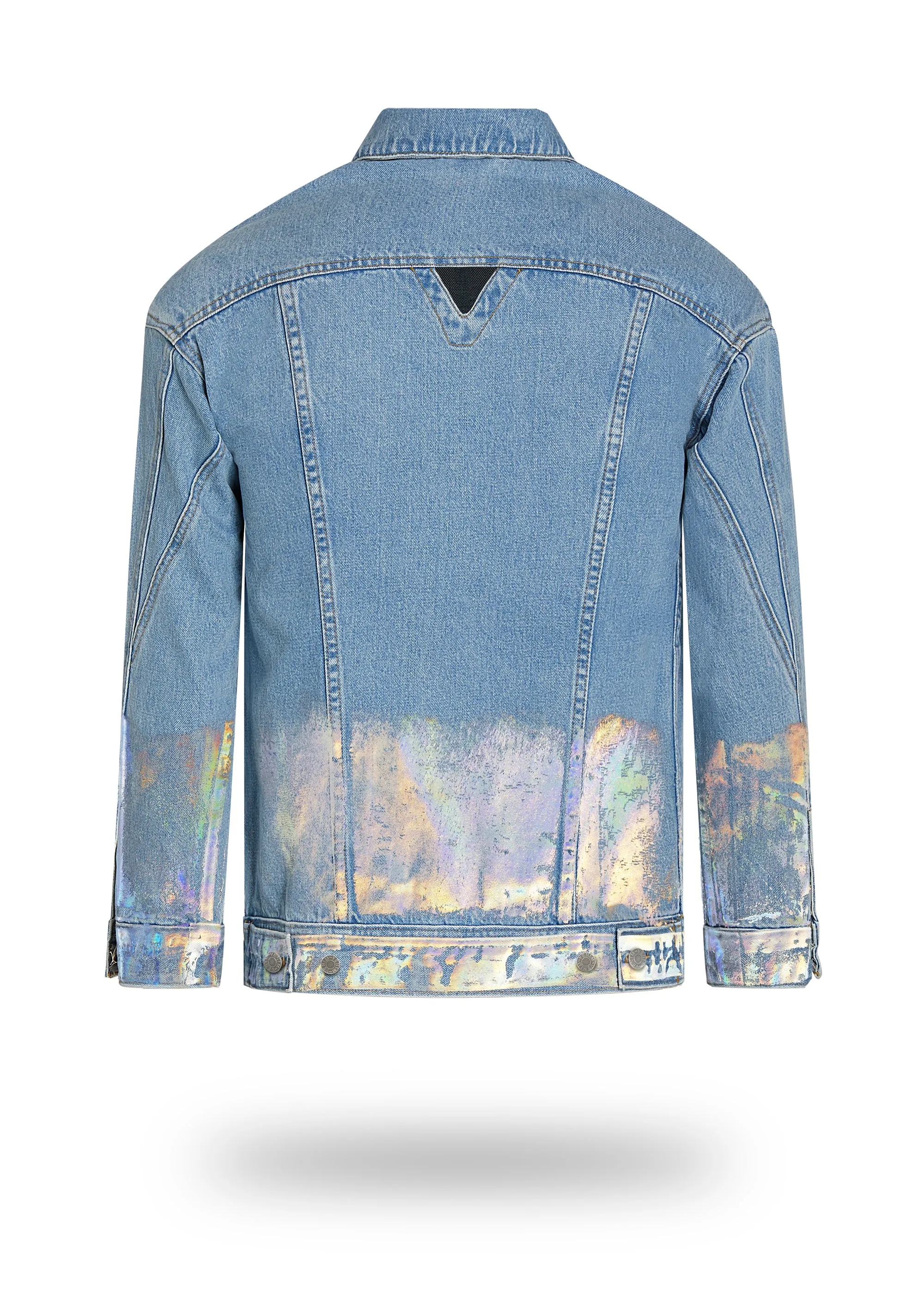 Longer Light Wash Denim Jacket with Holographic Foil