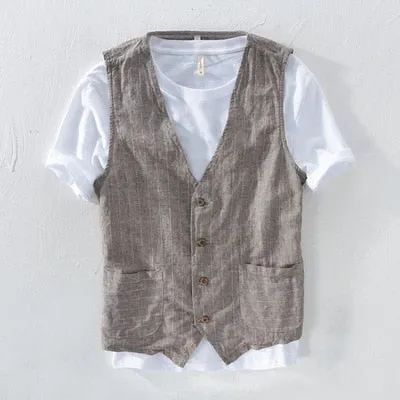 Mans Vintage Linen Suit Vest Slim Material 55%linen   45%cotton Vest Male Casual Striped thin Waistcoat Vest Asian Size M-3XL