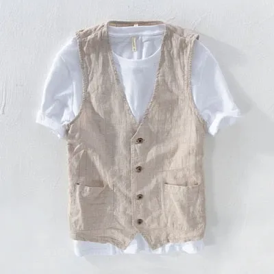 Mans Vintage Linen Suit Vest Slim Material 55%linen   45%cotton Vest Male Casual Striped thin Waistcoat Vest Asian Size M-3XL