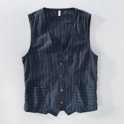 Mans Vintage Linen Suit Vest Slim Material 55%linen   45%cotton Vest Male Casual Striped thin Waistcoat Vest Asian Size M-3XL