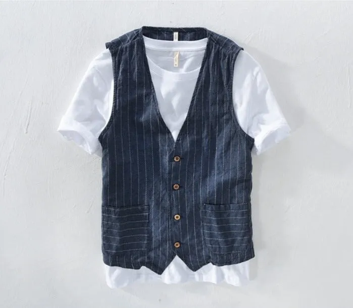 Mans Vintage Linen Suit Vest Slim Material 55%linen   45%cotton Vest Male Casual Striped thin Waistcoat Vest Asian Size M-3XL