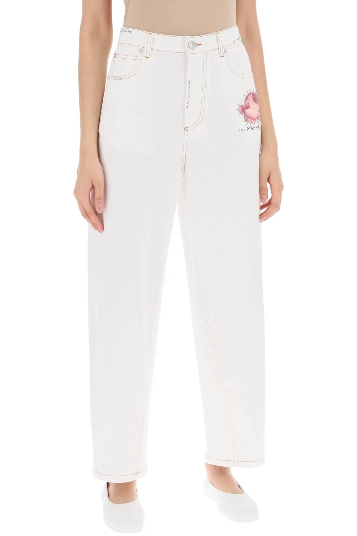 Marni Jeans With Embroidered Logo And Flower Patch