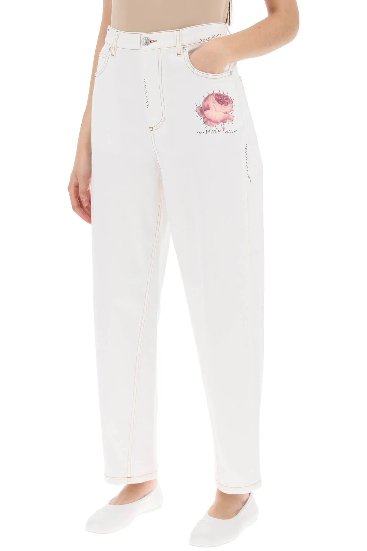 Marni Jeans With Embroidered Logo And Flower Patch