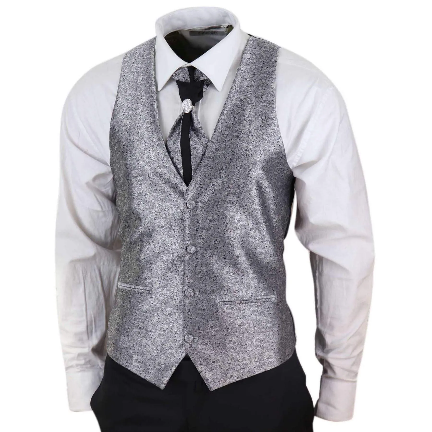 Mens 4 Piece Wedding Suit Groom Shawl Collar Vintage Black Silver Cravat Tailor