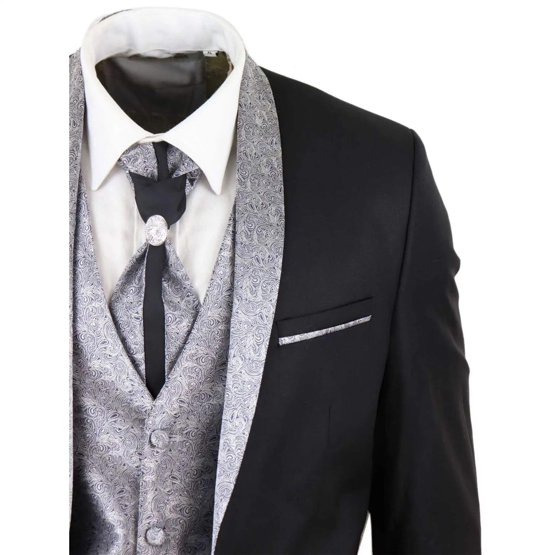 Mens 4 Piece Wedding Suit Groom Shawl Collar Vintage Black Silver Cravat Tailor