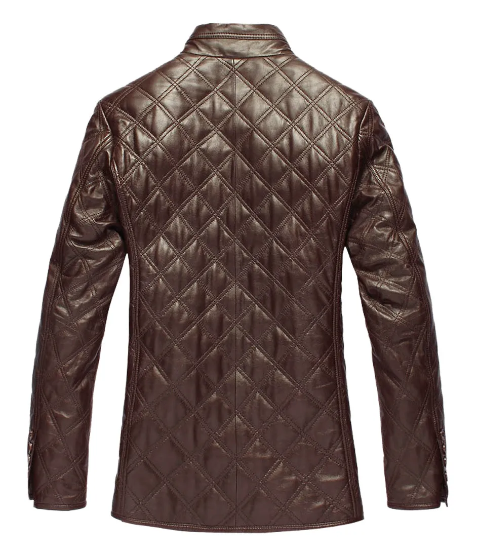 Men's Quilted Four Button Brown Leather Blazer TB025