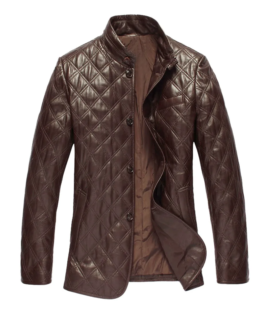 Men's Quilted Four Button Brown Leather Blazer TB025