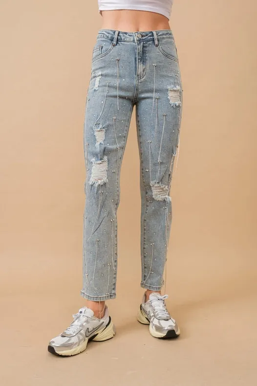 Mid Rise Rhinestone Fringe Denim Jeans Light Wash