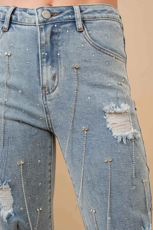 Mid Rise Rhinestone Fringe Denim Jeans Light Wash