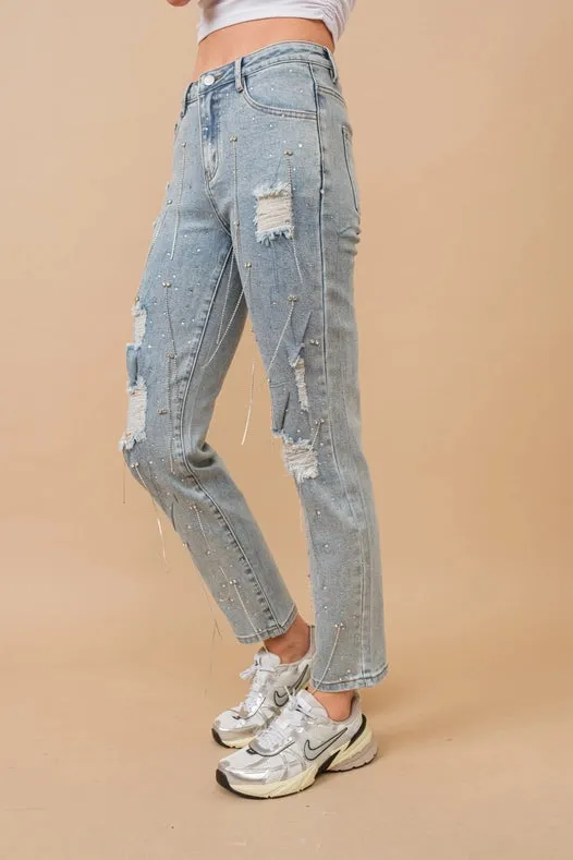 Mid Rise Rhinestone Fringe Denim Jeans Light Wash