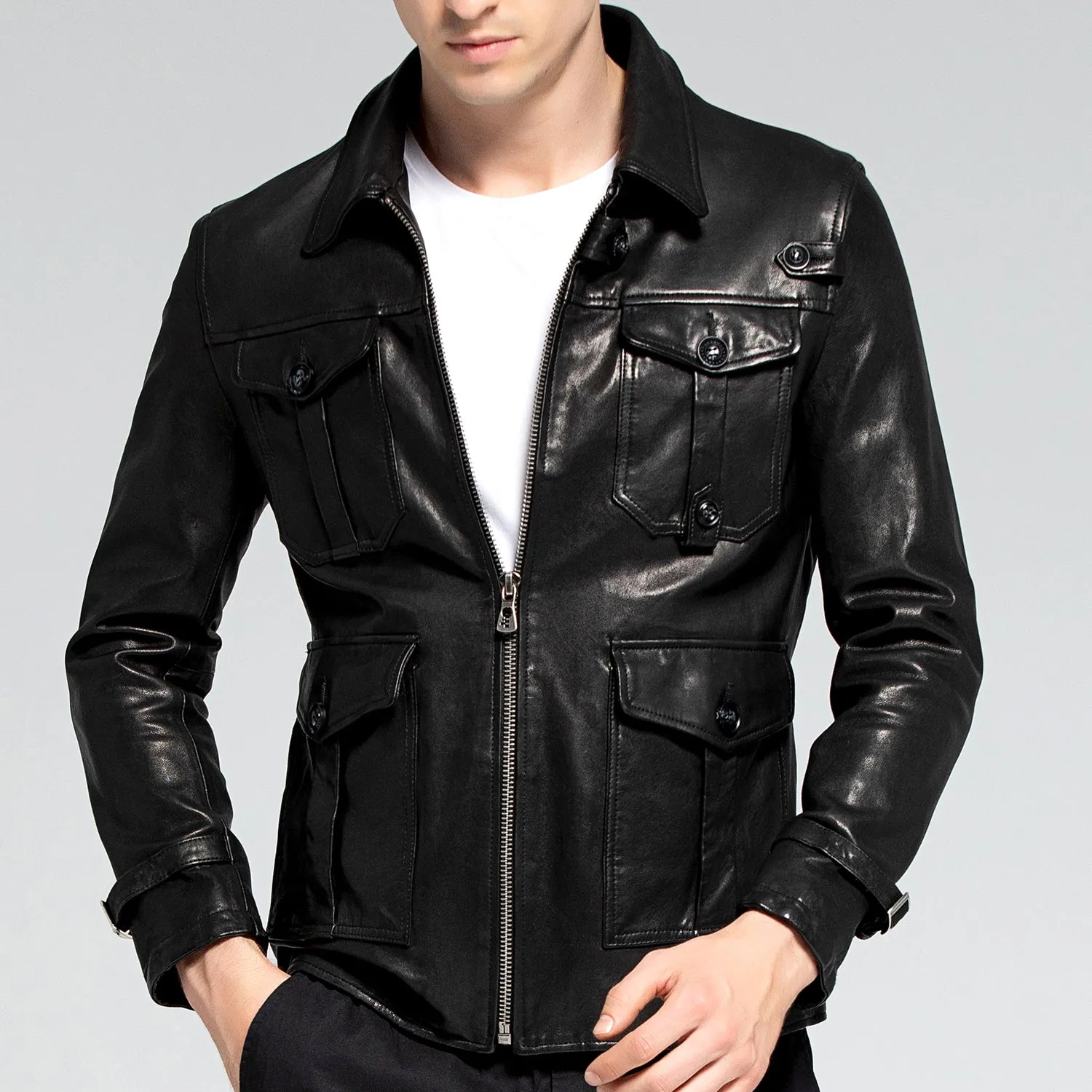 Motorcycle Jacket – Men's black leather grained cowhide jacket