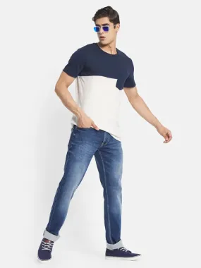 Octave Men Blue Straight Fit Low Distress Heavy Fade Stretchable Jeans