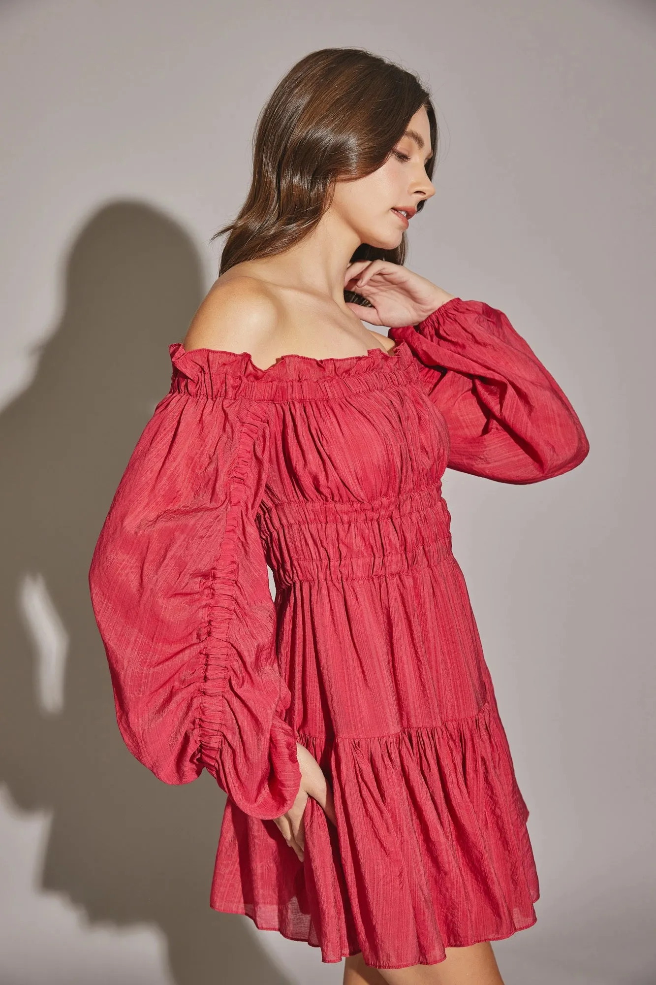 Off The Shoulder Shirred Tiered Hem Mini Dress