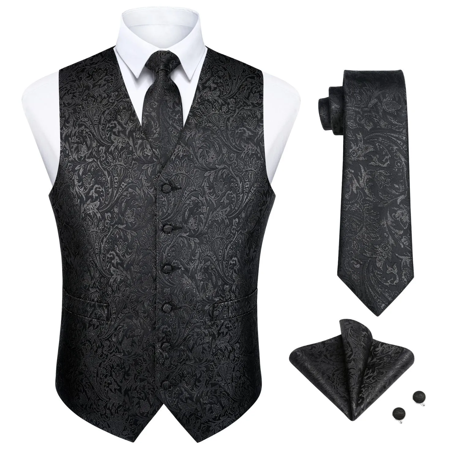 Paisley Floral 4pc Suit Vest Set - A-BLACK1