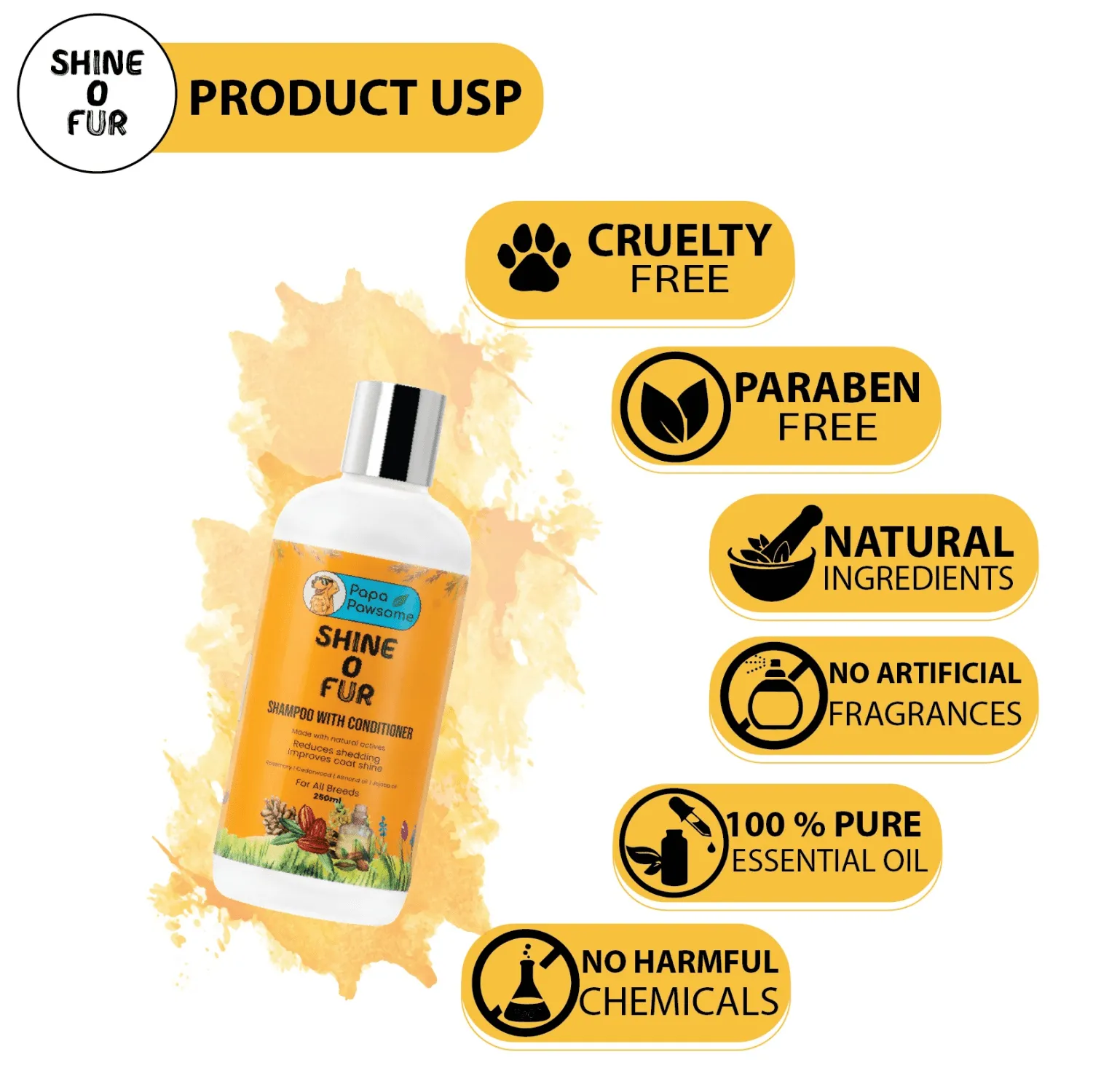 Papa Pawsome Shine O' Fur Shampoo with Conditioner and Palm Brush for Dogs