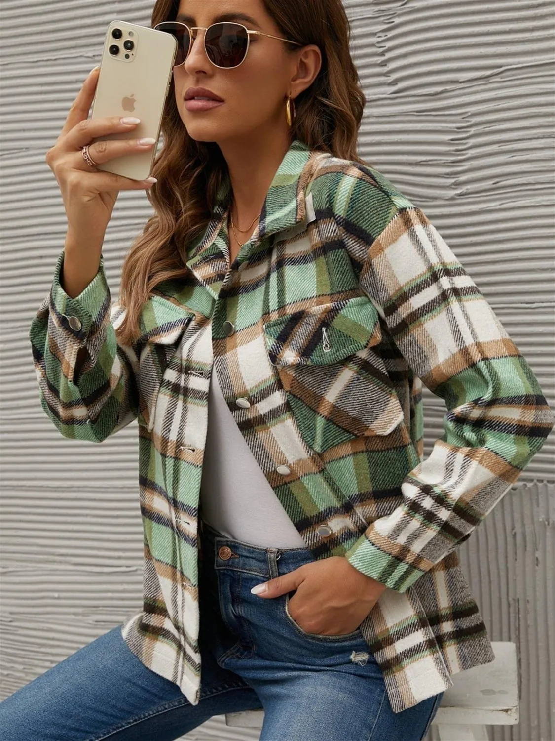 Plaid Collared Neck Long Sleeve Jacket