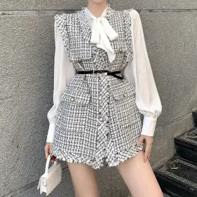 Plaid Tweed Waistcoat Pleated Top Suit