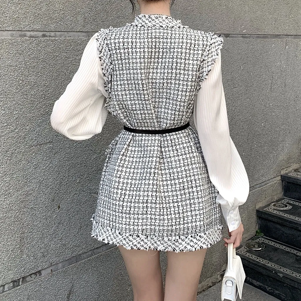 Plaid Tweed Waistcoat Pleated Top Suit