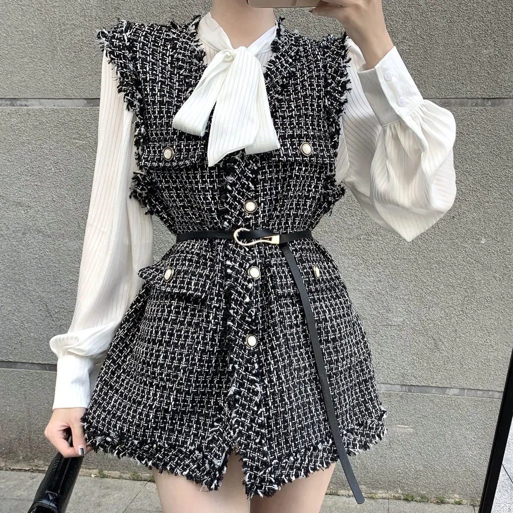 Plaid Tweed Waistcoat Pleated Top Suit