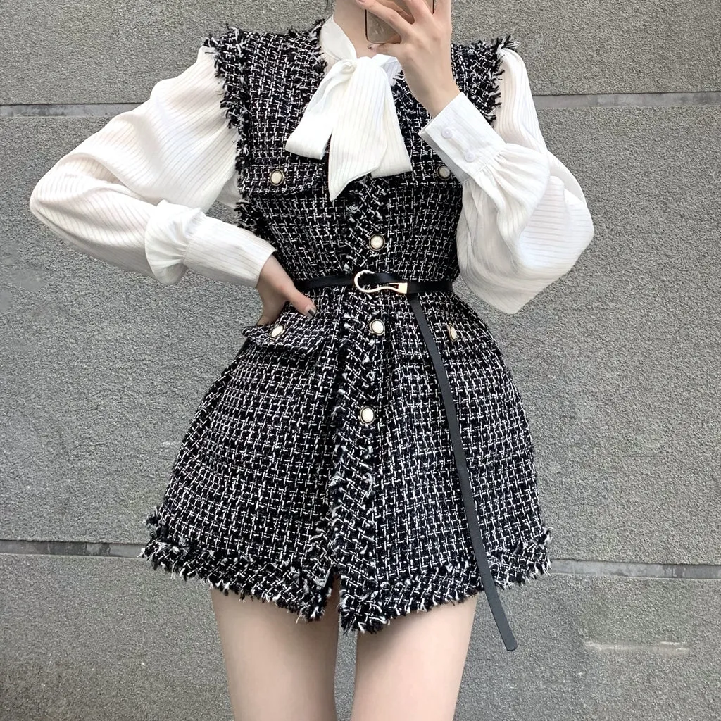 Plaid Tweed Waistcoat Pleated Top Suit